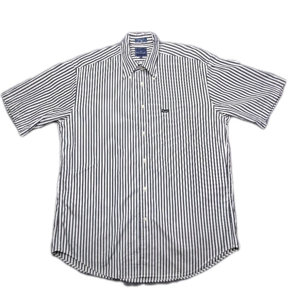 Faconnable Men's Blue White Stripe Pocket‎ Logo Button Down Cotton Shirt Size L